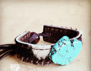 Narrow Leather Cuff w/ Turquoise Slab-Brindle Hide