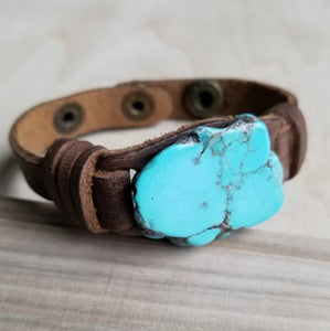 Blue Turquoise Slab on Narrow Leather Cuff